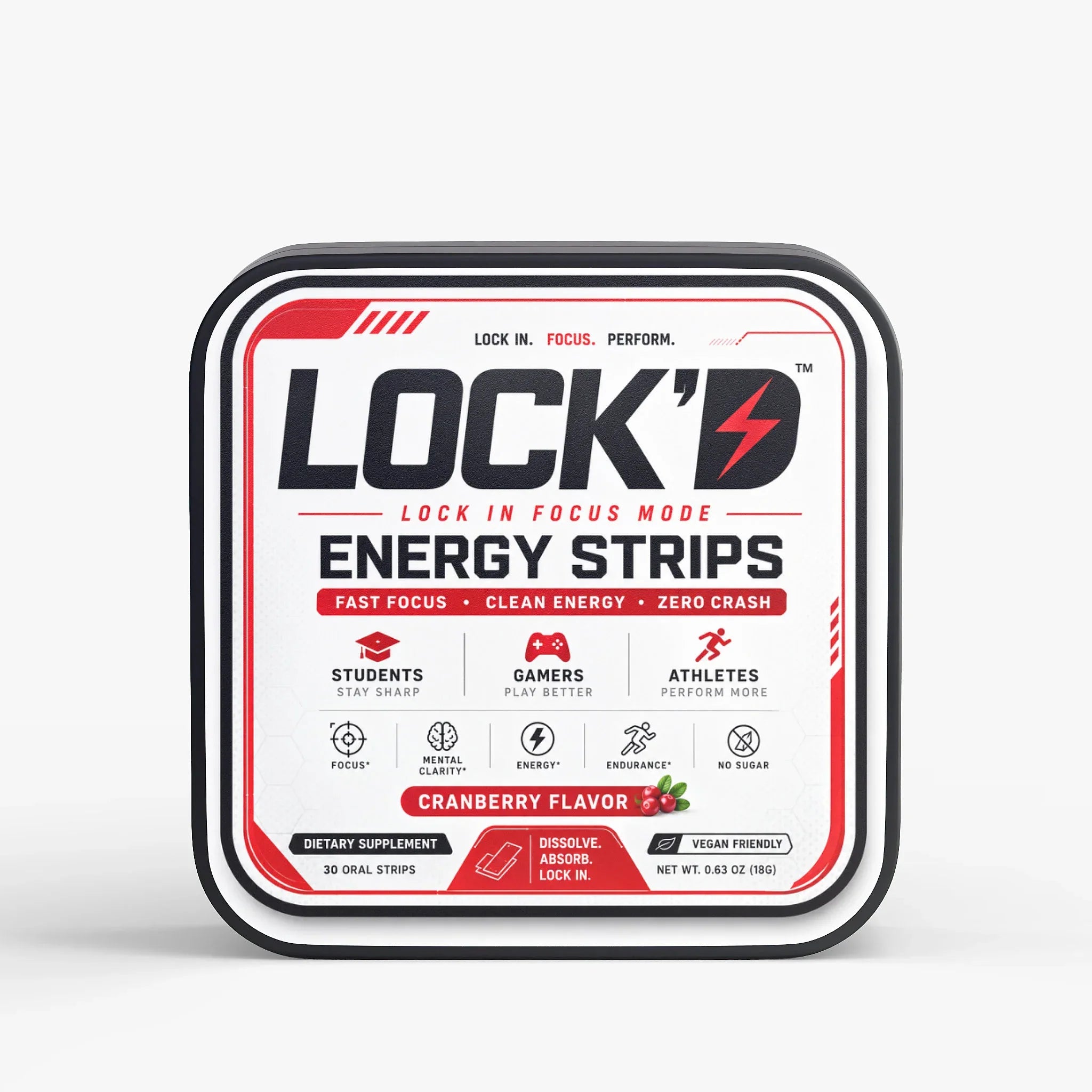 LOCK’D Energy Strips for brain and cognitive support, showing the product packaging with sleek design and branding.