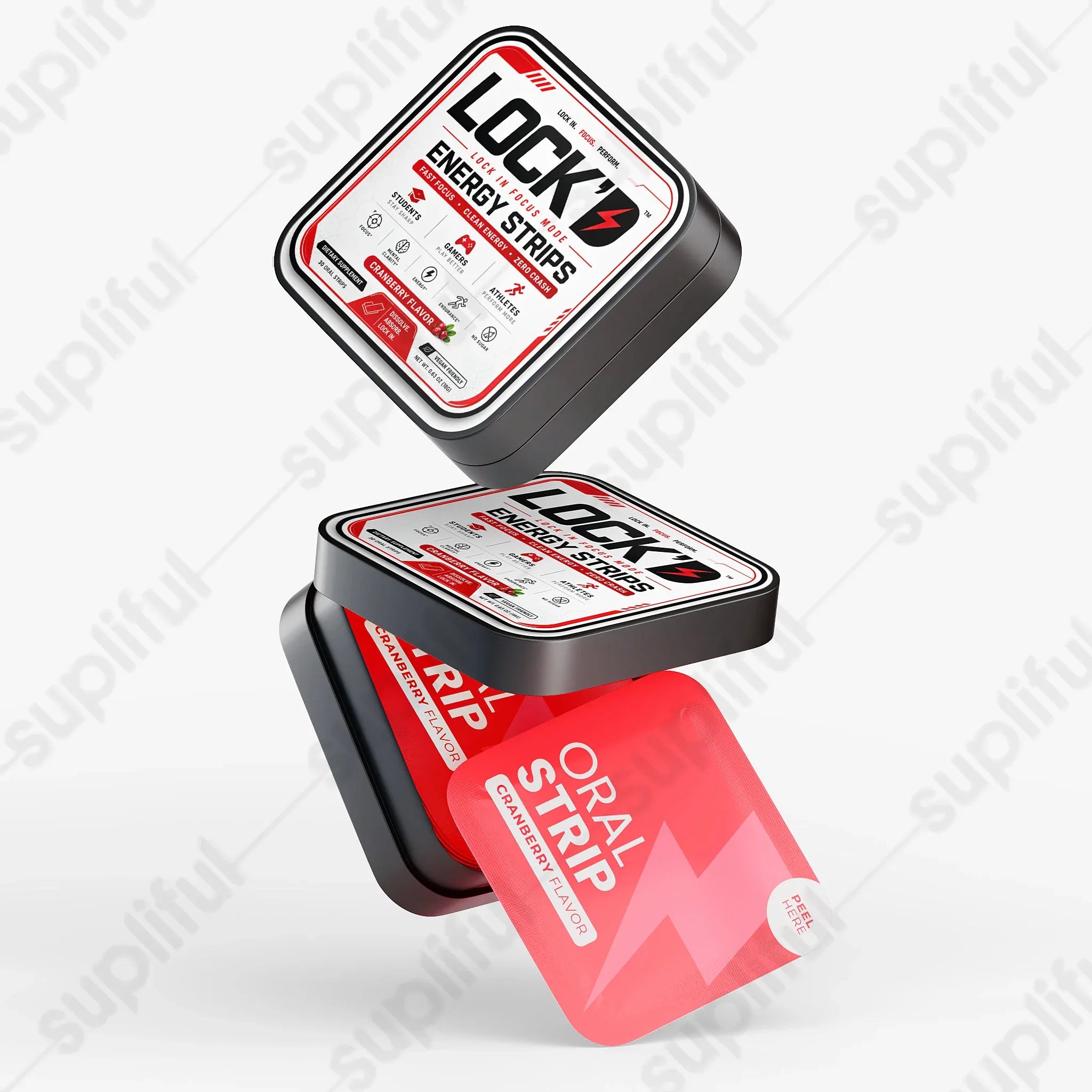 LOCK’D ENERGY STRIPS for brain and cognitive support, showing the product packaging with branding and informational labels.
