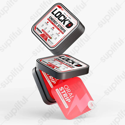 LOCK’D ENERGY STRIPS for brain and cognitive support, showing the product packaging with branding and informational labels.