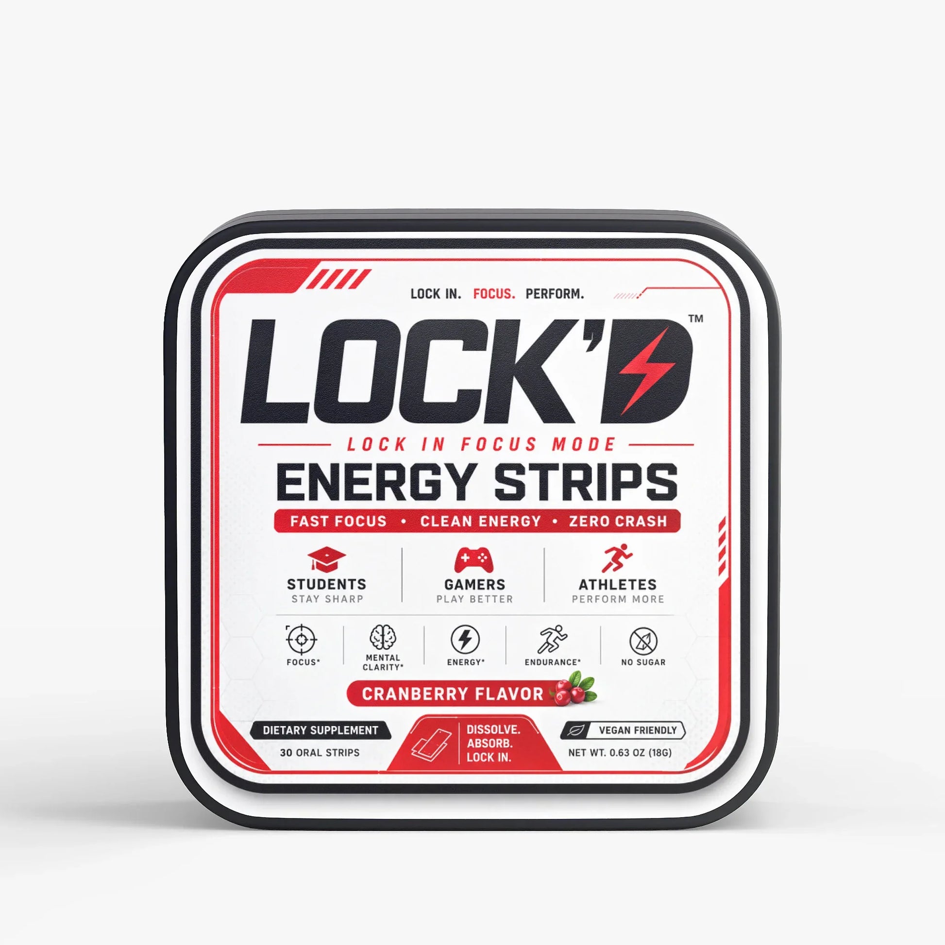 LOCK’D Energy Strips for brain and cognitive support, showing the product packaging with sleek design and branding.