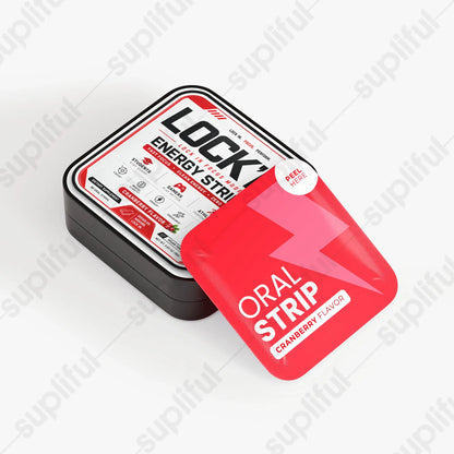 LOCK’D Energy Strips for brain and cognitive support, showing the product packaging with vibrant label and branding.