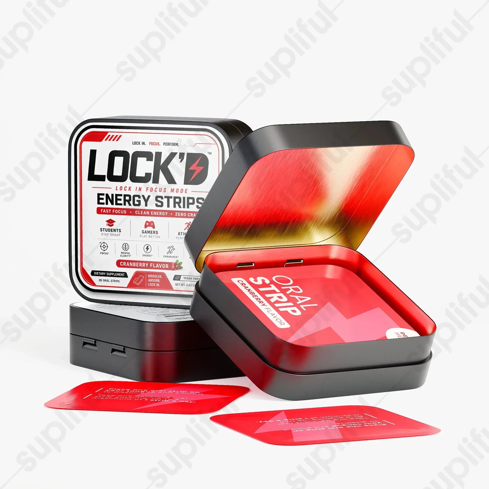 LOCK’D Energy Strips for brain and cognitive support, with a clear label showing the product packaging and branding.