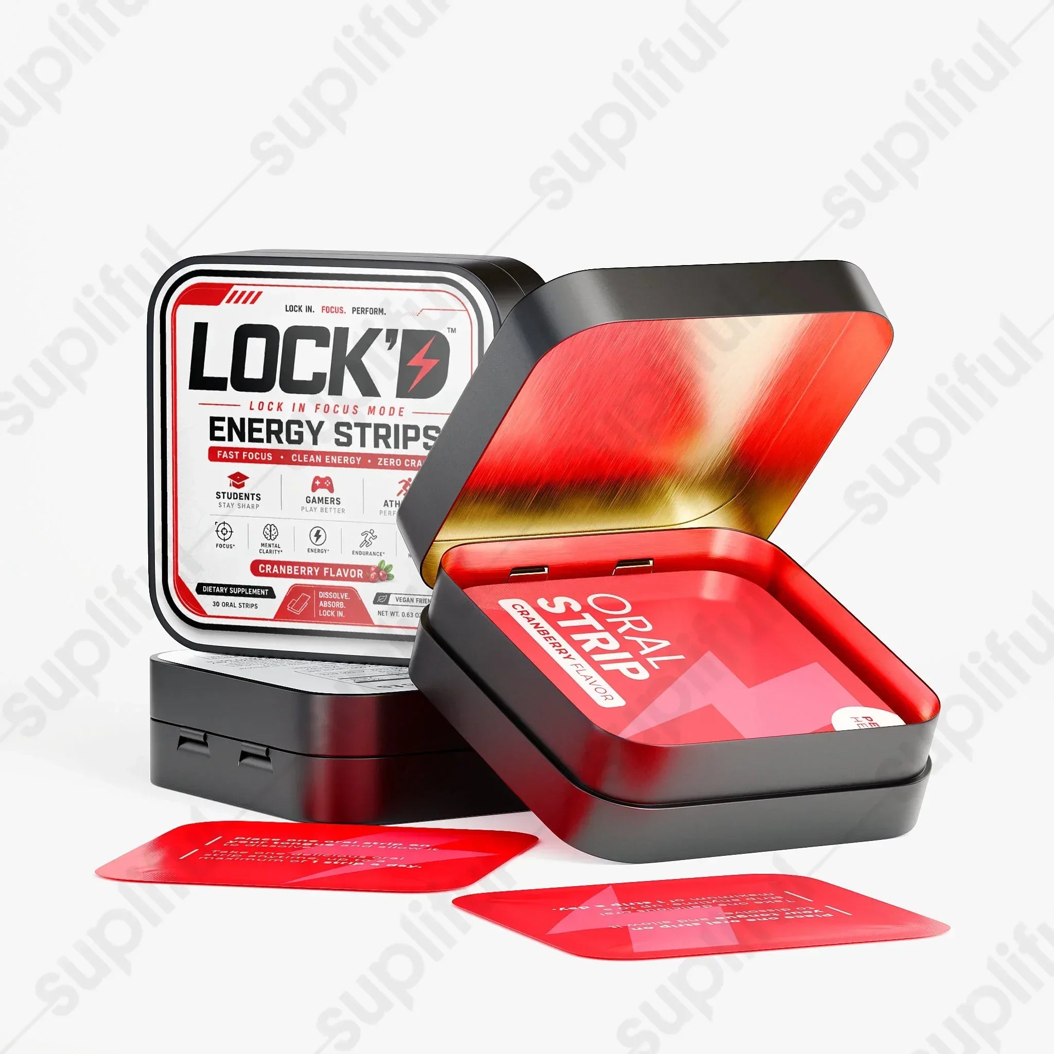 LOCK’D Energy Strips for brain and cognitive support, with a clear label showing the product packaging and branding.