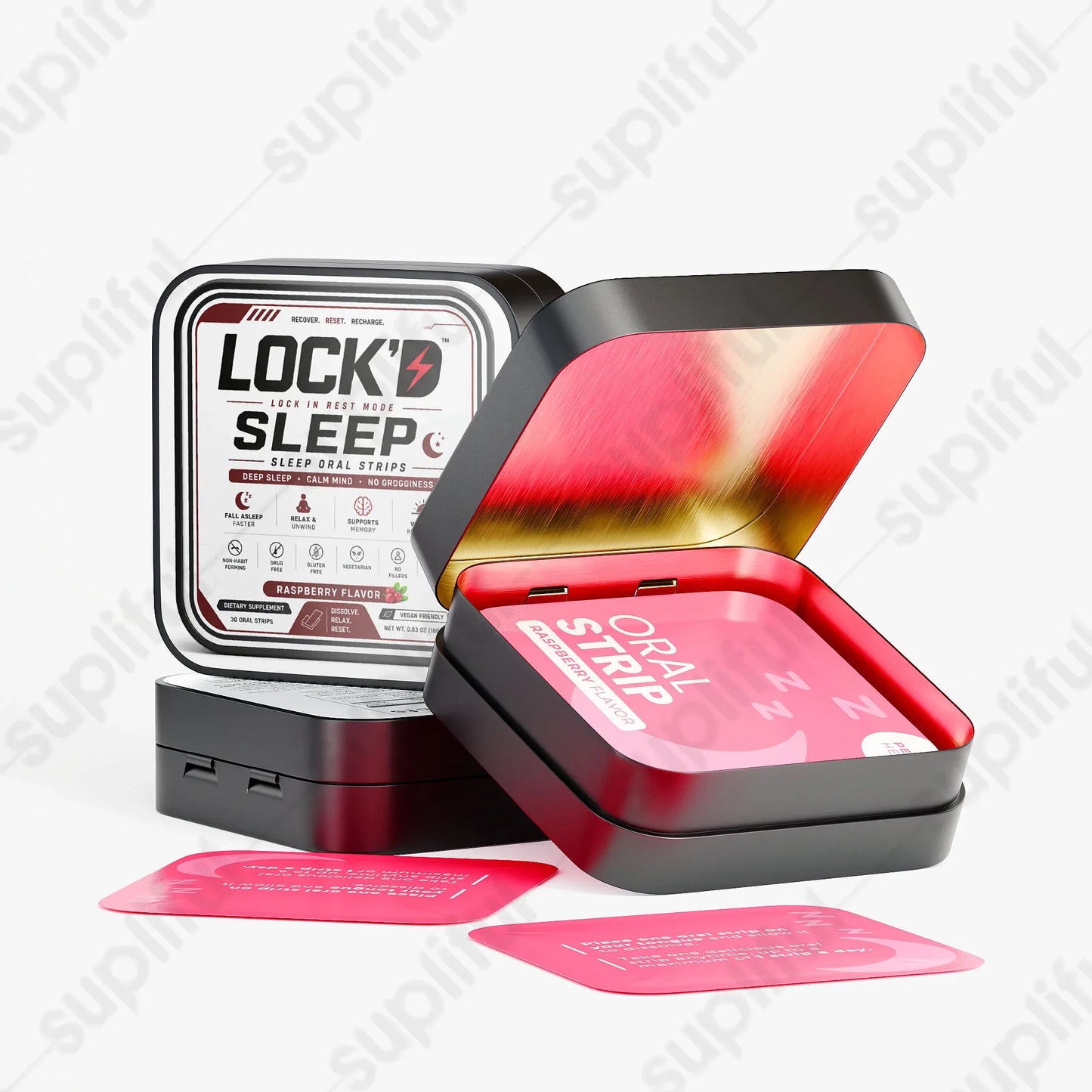 LOCK’D Sleep Strips for relaxation, featuring sleek packaging and product label for natural sleep support.