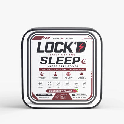 LOCK’D Sleep Strips for relaxation, featuring the product label with branding and packaging details.